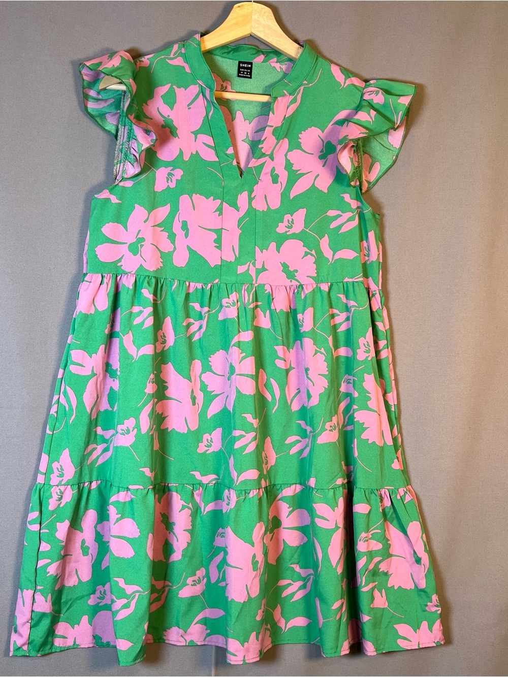 Womens’s Green & Pink Floral Ruffle Sleeve Dress Vacation Preppy